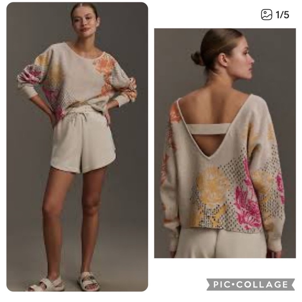 Anthropologie Off-the-Shoulder Sweater - Cream with Pink and Yellow Floral